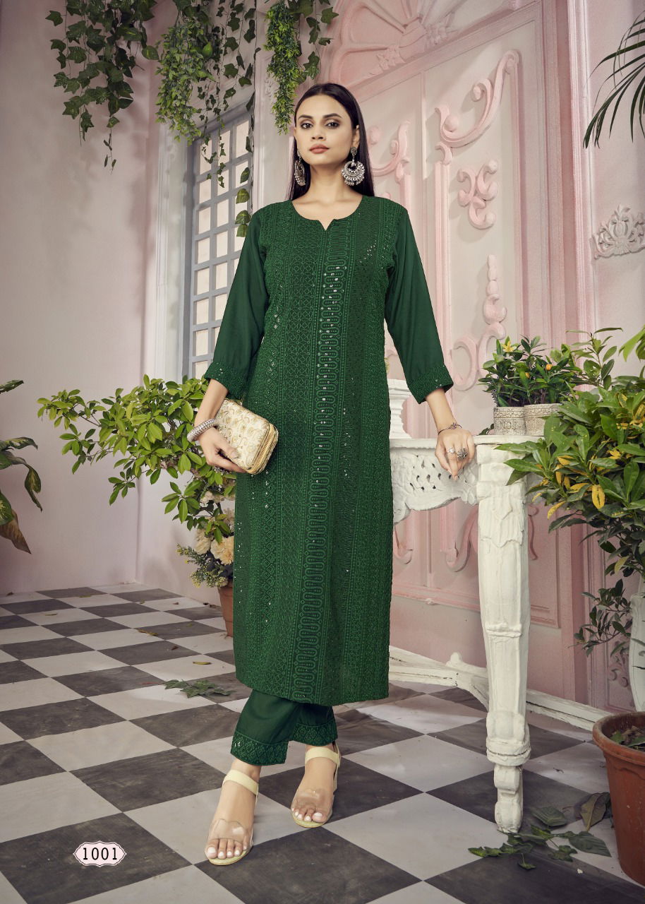 Banwery Schiffli Rayon Fancy Wear Latest Kurti With Pant Collection